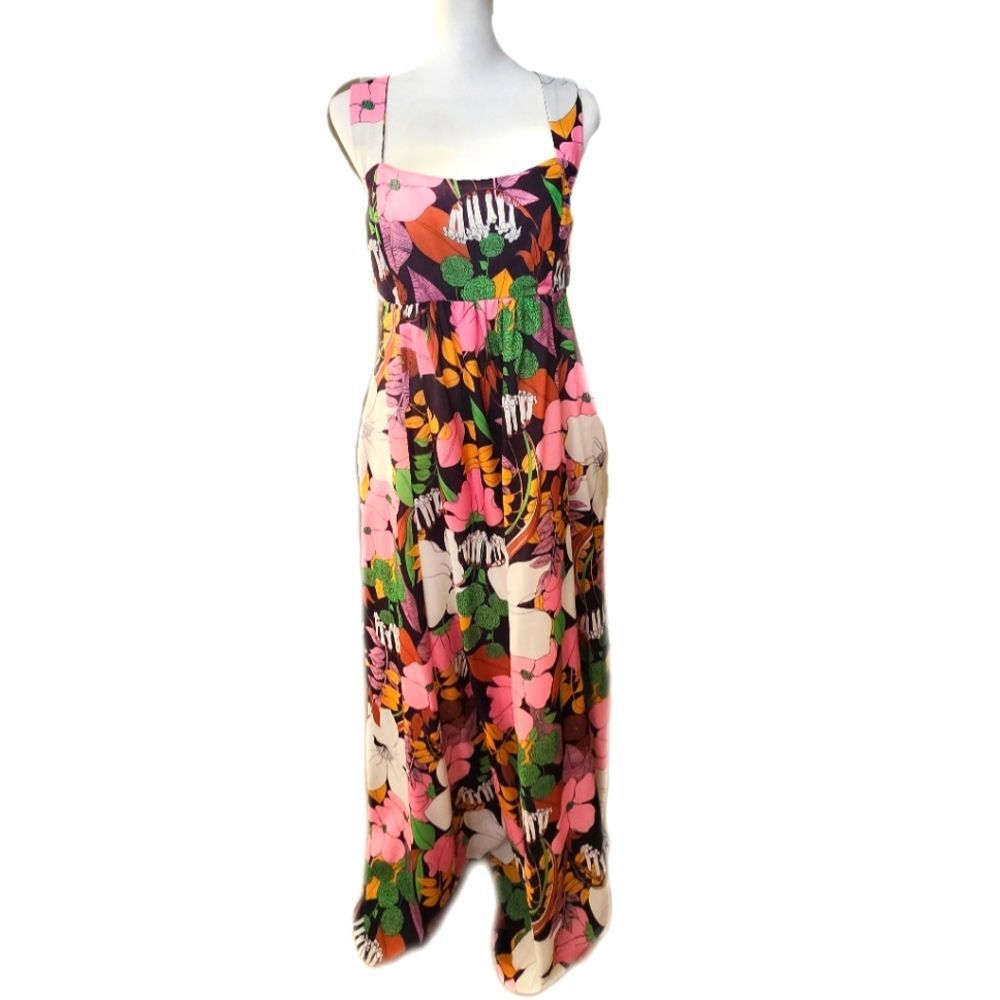 ee:some Retro Floral Smocked Back Maxi Dress, Side Cutouts, Lined, M